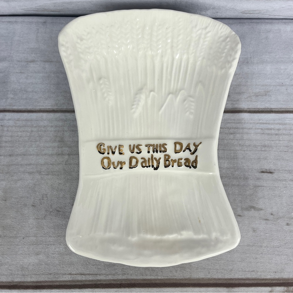 Ceramic Bread Plate Give Us This Day Our Daily Bread Wheat Shaped Religious
